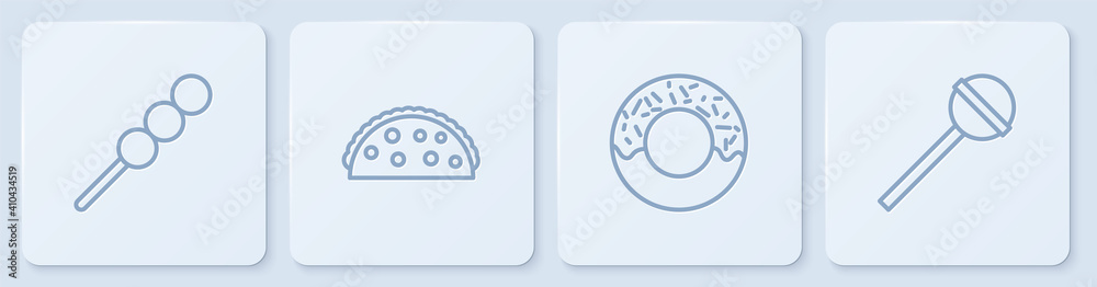 Set line Meatballs on wooden stick, Donut, Taco with tortilla and Lollipop. White square button. Vec