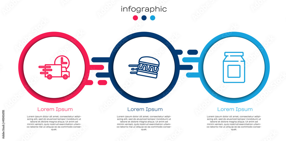 设置线路汽车快速配送，在线订购汉堡和。商业信息图模板。矢量
