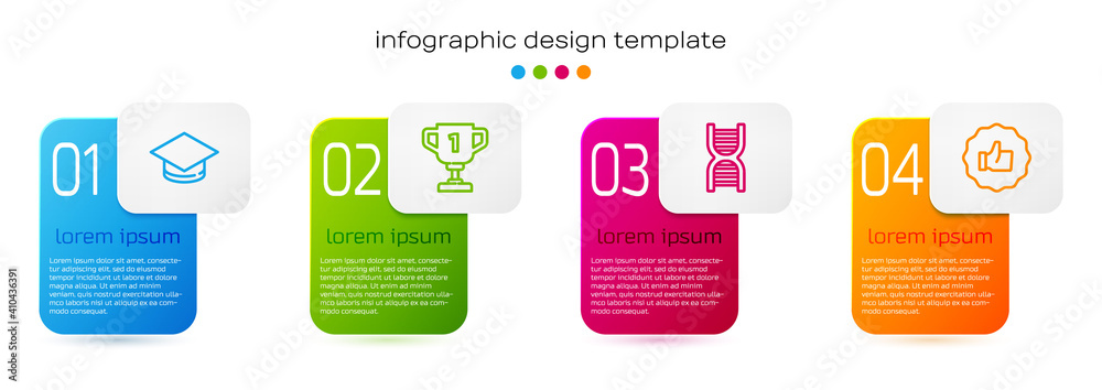 设置线条毕业帽、奖杯、DNA符号和拇指。商业信息图模板。矢量