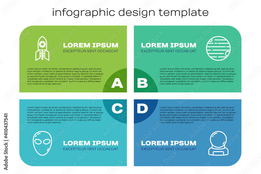 Set line Alien, Rocket ship, Astronaut helmet and Planet. Business infographic template. Vector.