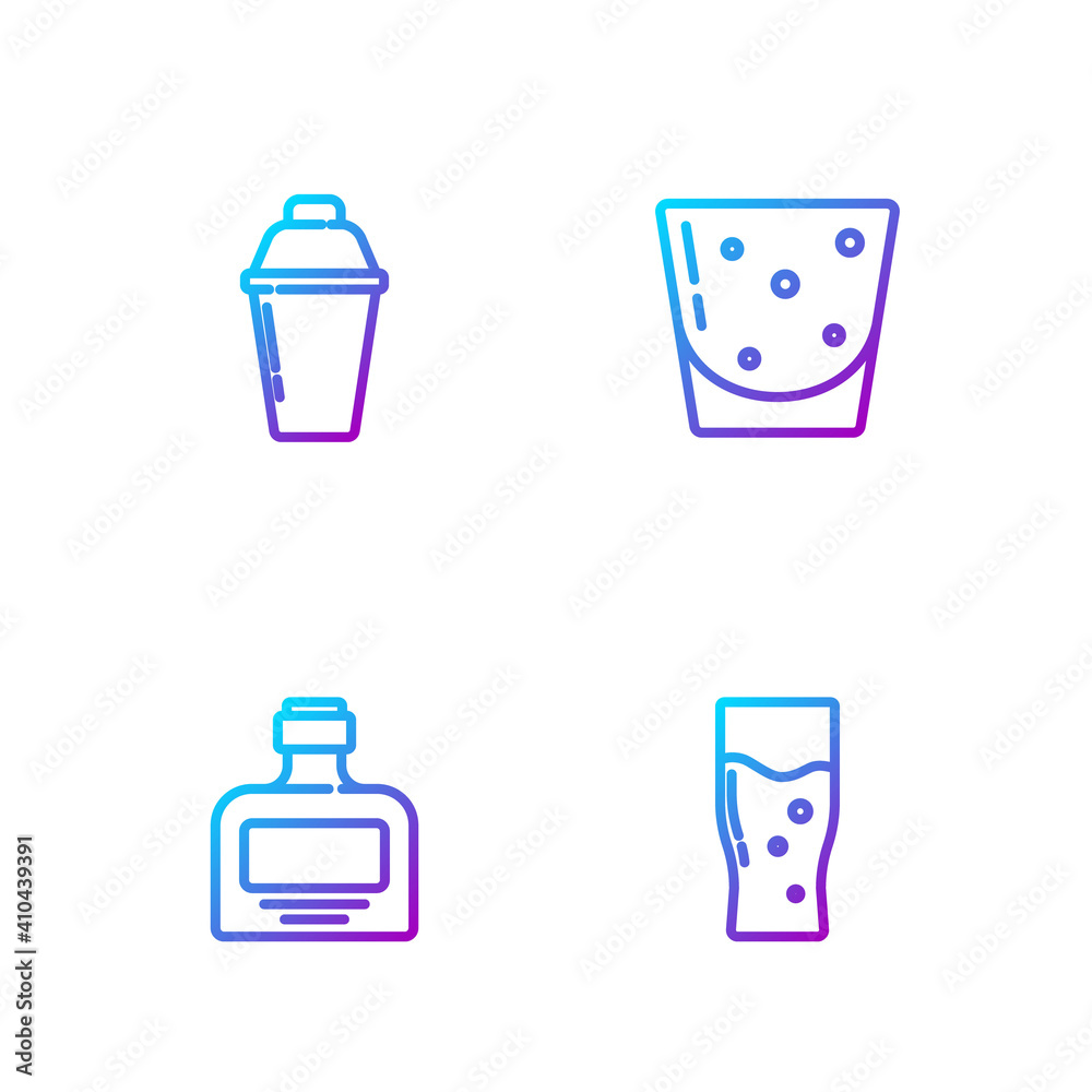 Set line Glass of beer, Whiskey bottle, Cocktail shaker and rum. Gradient color icons. Vector.