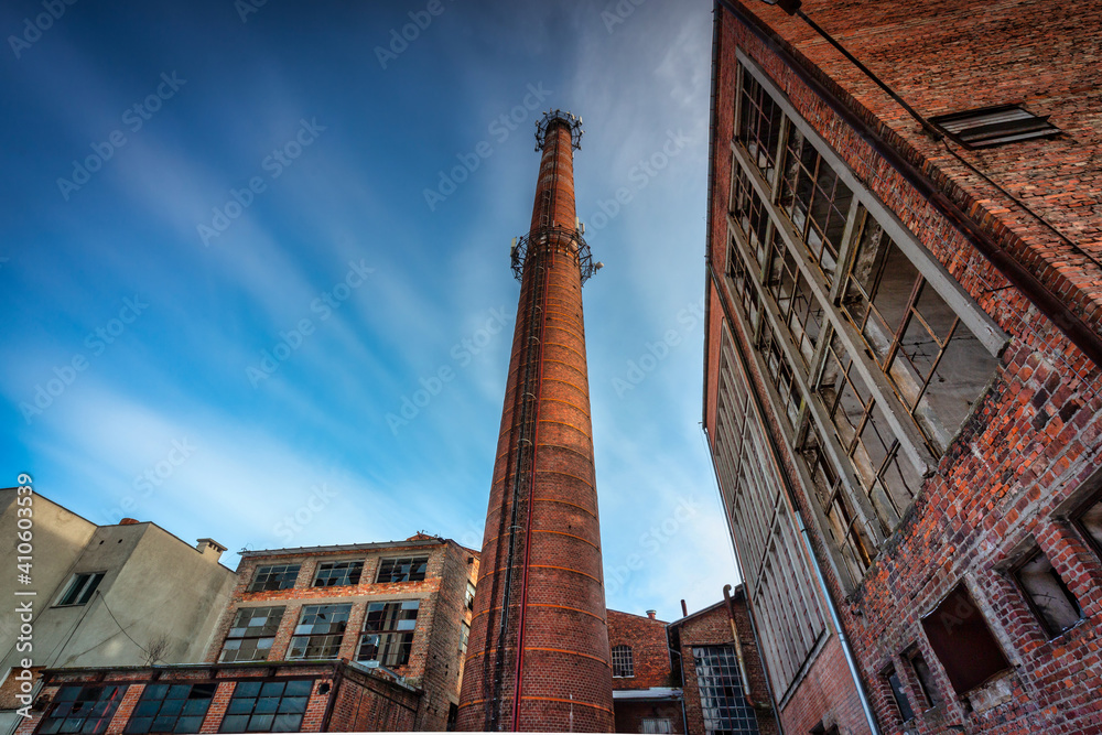 Ruins of a brick sugar factory in Pruszcz Gdański in winter, Poland