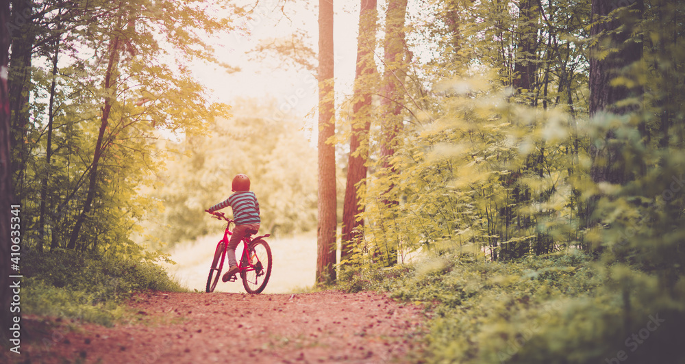 child on a bicycle in the forest in early morning