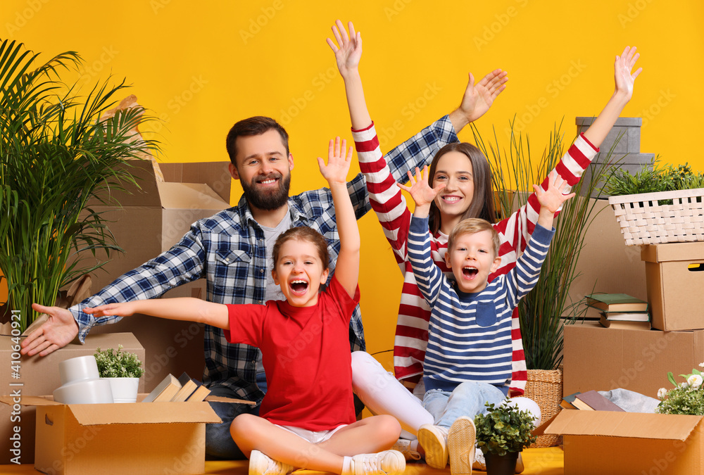 Excited family celebrating relocation to new house