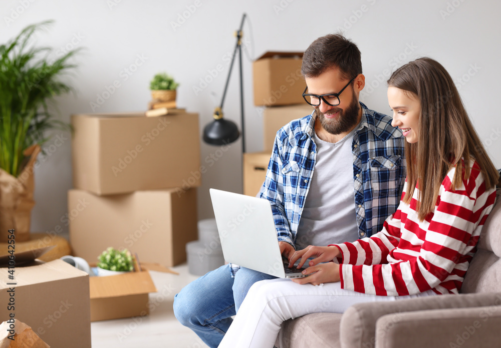 Smiling couple using laptop after relocation in new house