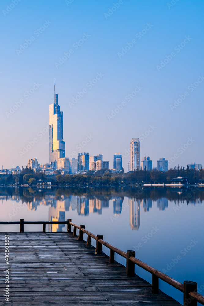 Early morning scenery of Xuanwu Lake and city skyline in Nanjing, China 