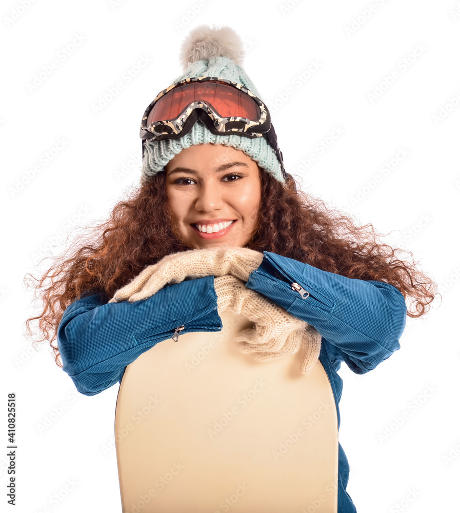 Female snowboarder on white background