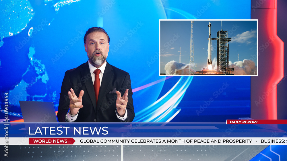 Live News Studio with Anchor Reporting on a Successful Rocket Launch, Video Montage Shows Space Ship