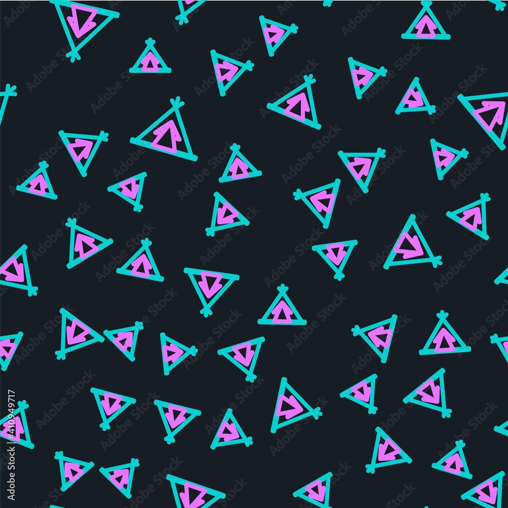 Line Traditional indian teepee or wigwam icon isolated seamless pattern on black background. Indian 