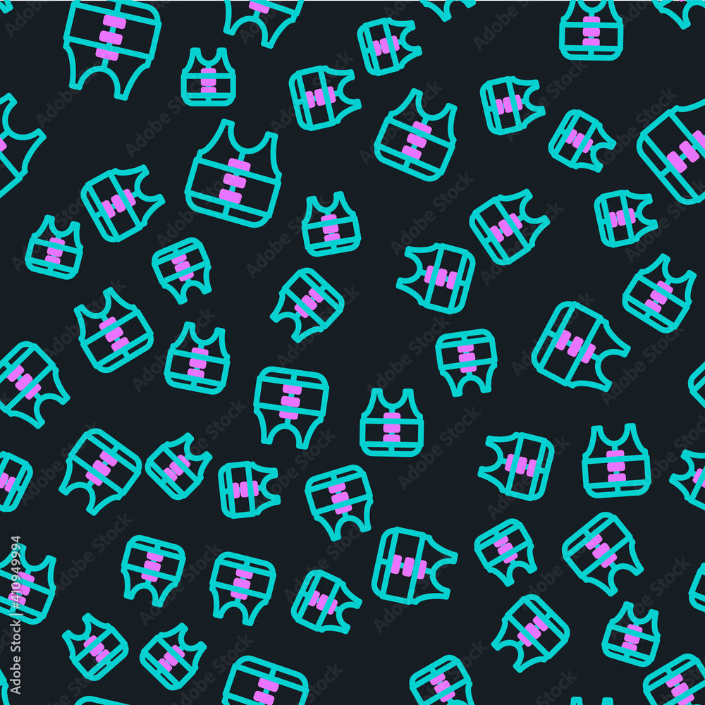 Line Life jacket icon isolated seamless pattern on black background. Life vest icon. Extreme sport. 