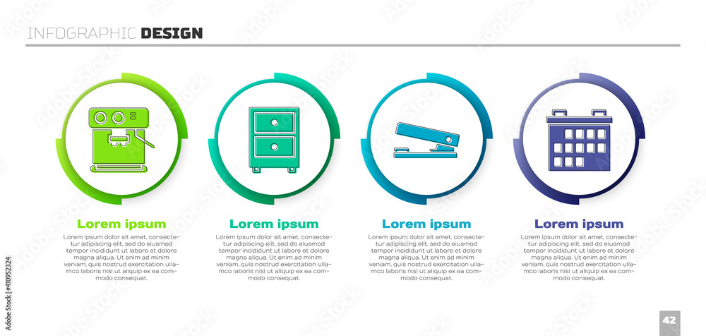 Set Coffee machine, Drawer with documents, Office stapler and Calendar. Business infographic templat