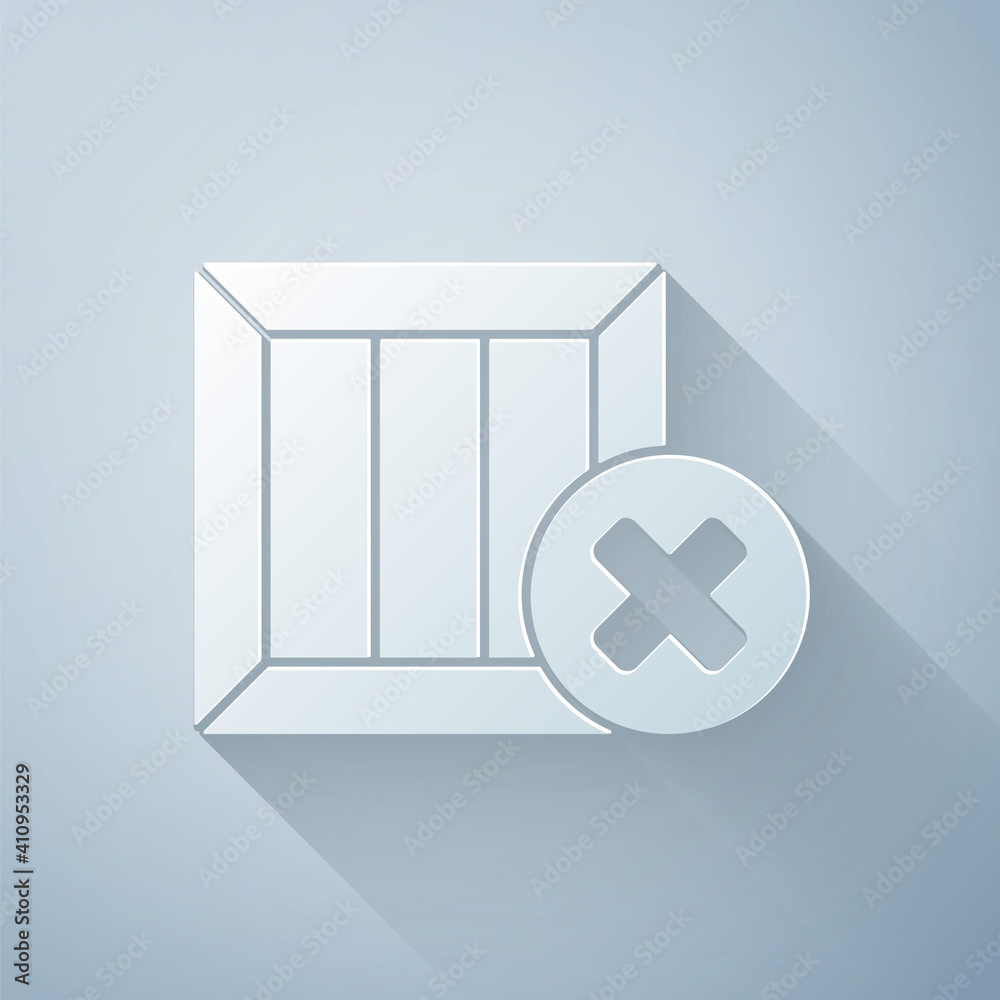 Paper cut Wooden box and delete icon isolated on grey background. Box, package, parcel sign. Deliver