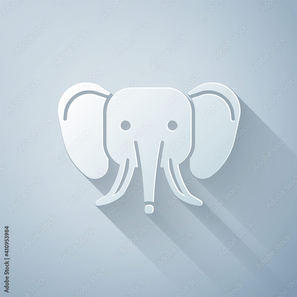 Paper cut Elephant icon isolated on grey background. Paper art style. Vector.