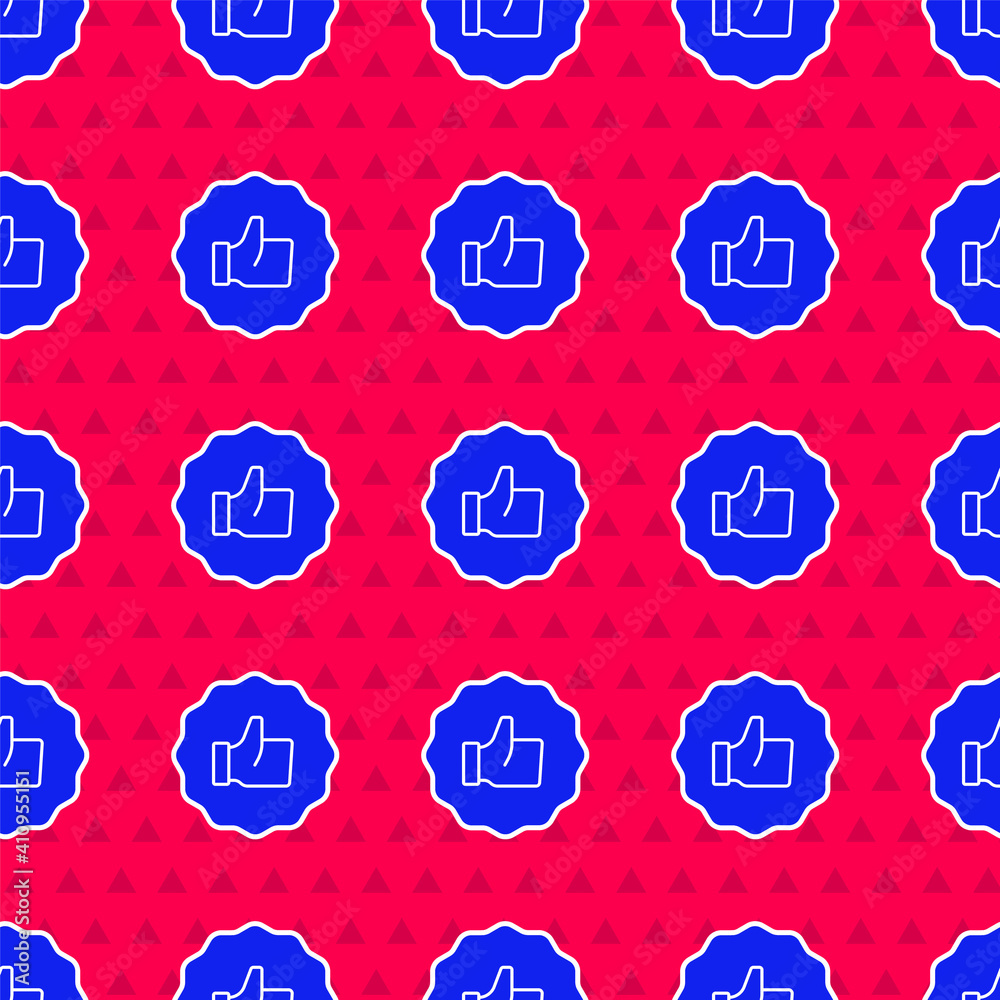 Blue Hand thumb up icon isolated seamless pattern on red background. Vector.