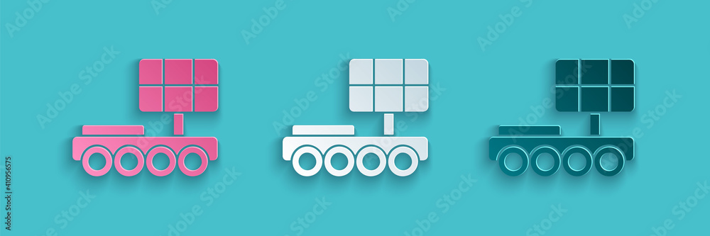 Paper cut Mars rover icon isolated on blue background. Space rover. Moonwalker sign. Apparatus for s