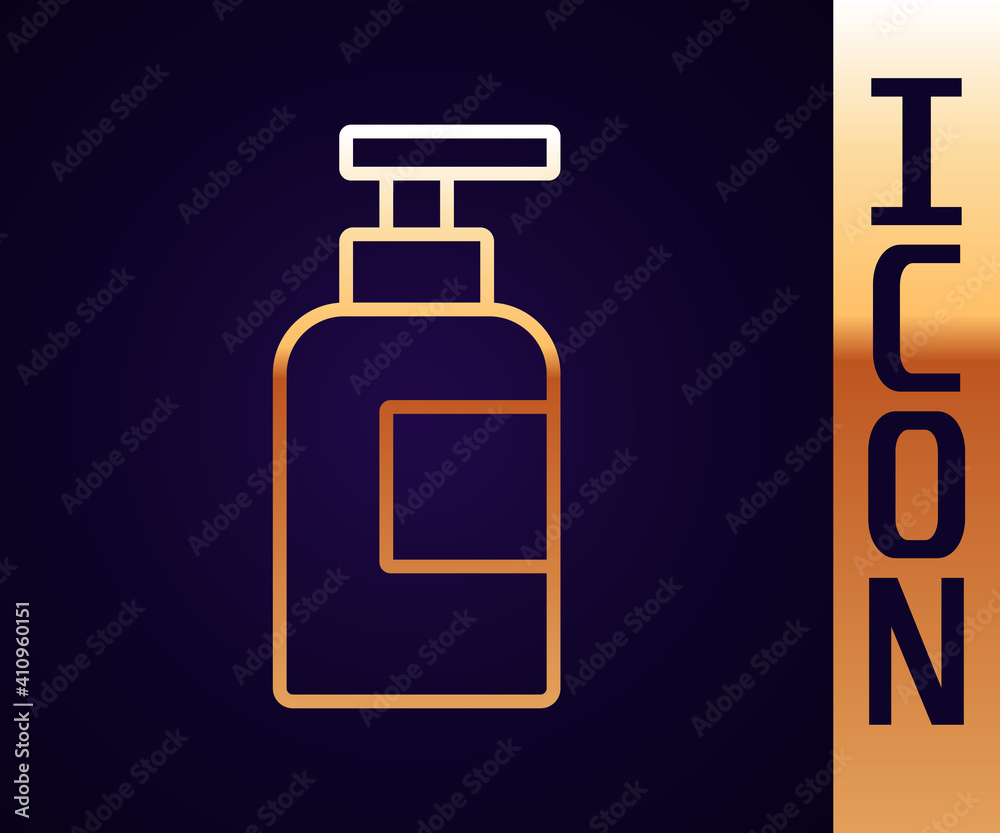 Gold line Bottle of shampoo icon isolated on black background. Vector.