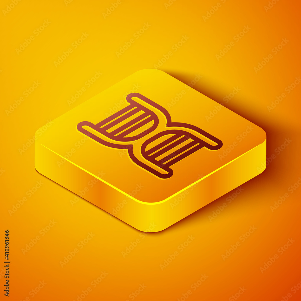 Isometric line DNA symbol icon isolated on orange background. Yellow square button. Vector.