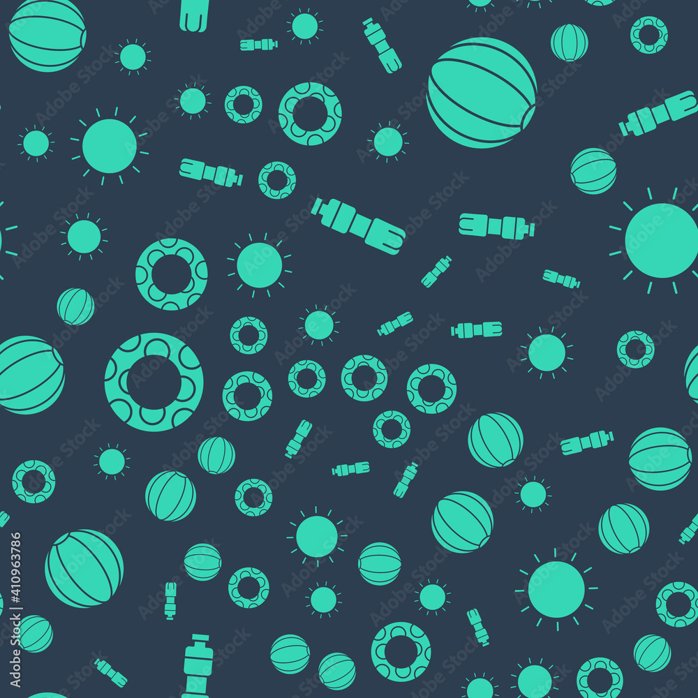 Set Bottle of water, Beach ball, Rubber swimming ring and Sun on seamless pattern. Vector.