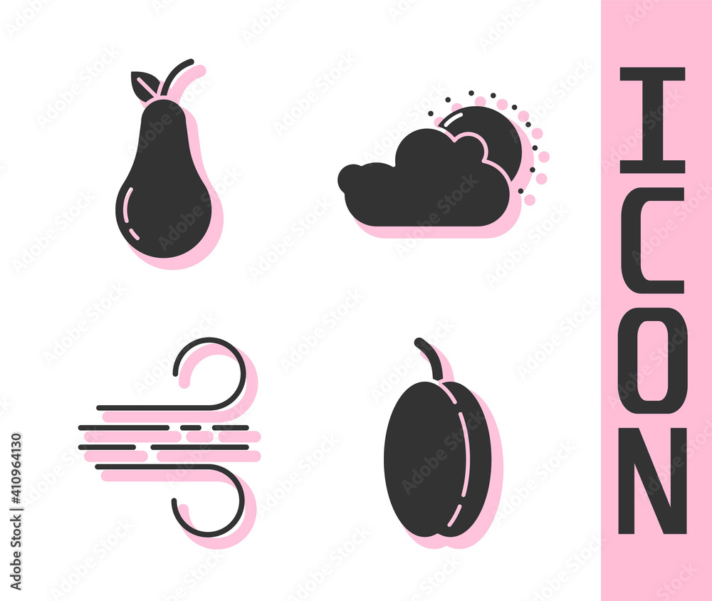 Set Plum fruit, Pear, Wind and Sun and cloud weather icon. Vector.