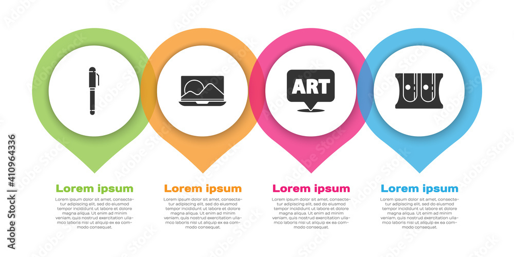 Set Pen, Laptop, Speech bubble with text art and Pencil sharpener. Business infographic template. Ve