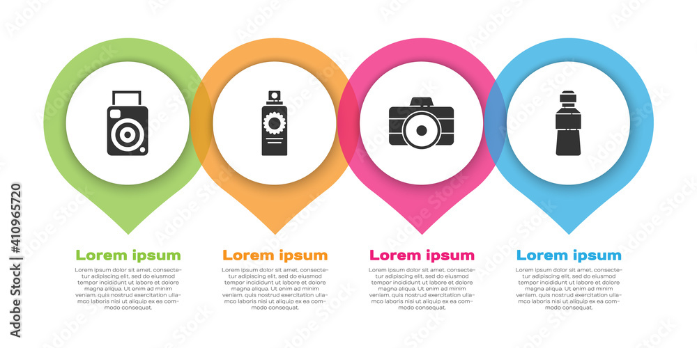 设置相机、防晒喷雾瓶、相机和水瓶。商业信息图项目