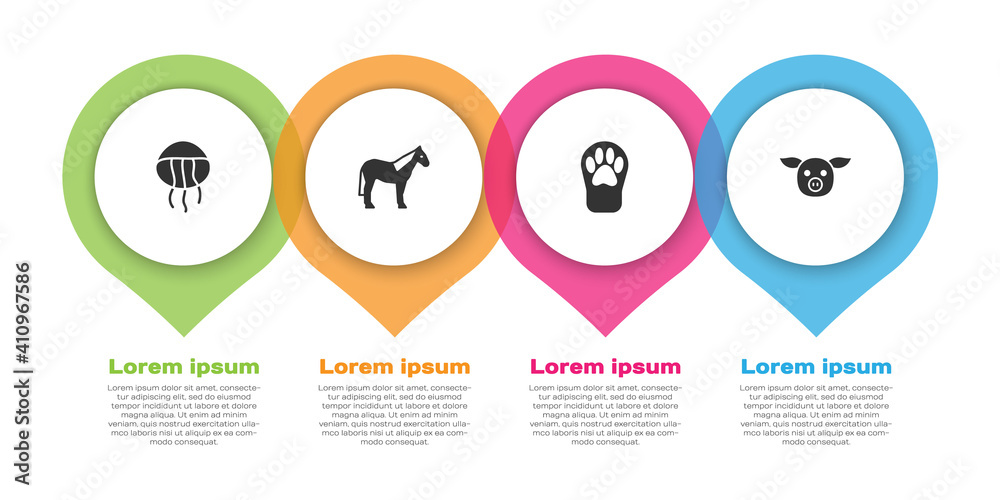 设置水母、马、爪印和猪。商业信息图模板。矢量。