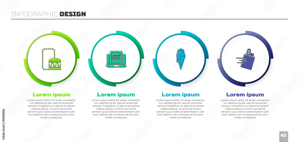 设置在线订购和配送、汉堡、冰淇淋和。商业信息图模板。矢量。