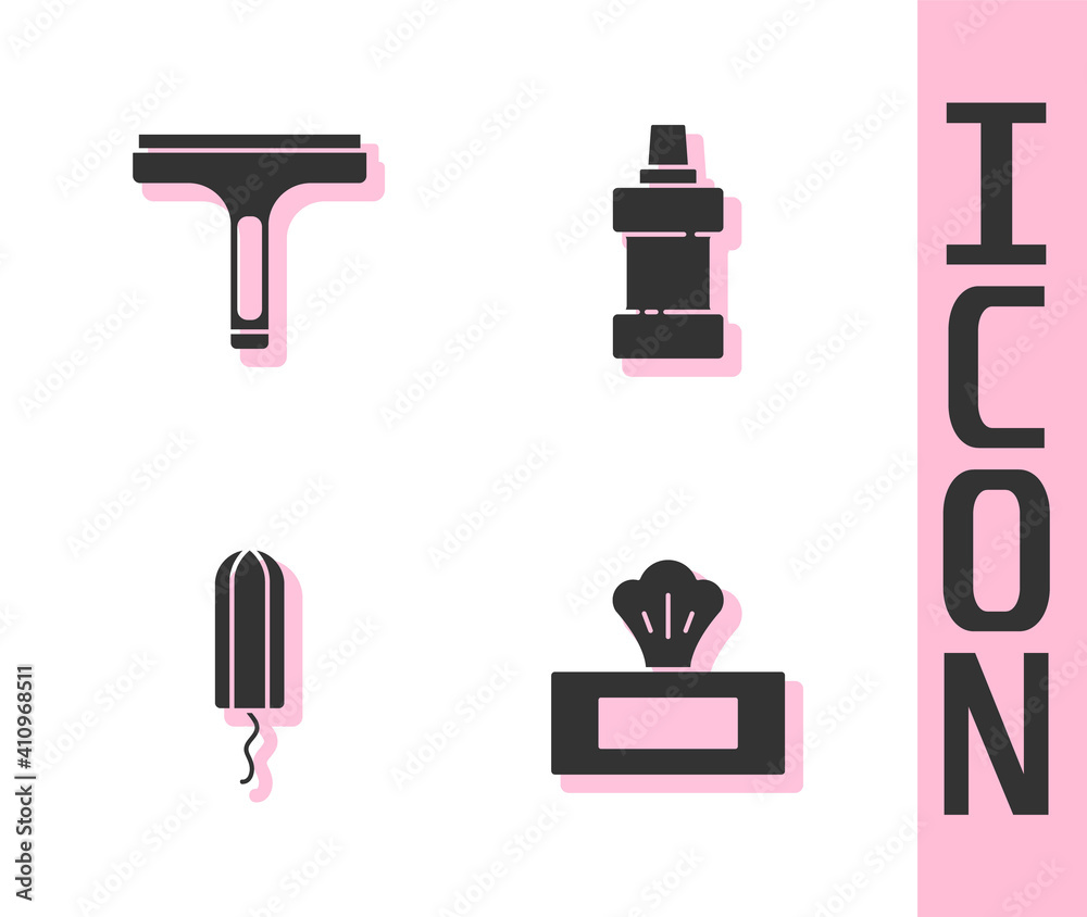 Set Wet wipe pack, Rubber cleaner, Sanitary tampon and Bottle for cleaning agent icon. Vector.