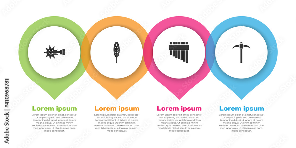 Set Spur, Indian feather, Pan flute and Pickaxe. Business infographic template. Vector.