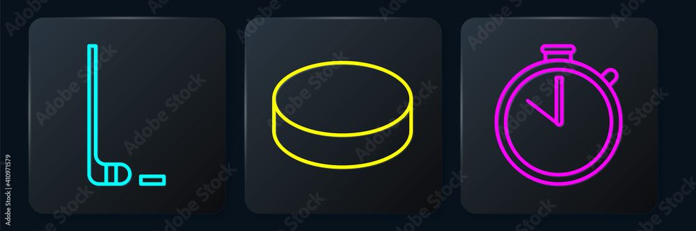 Set line Ice hockey stick and puck, Stopwatch and Hockey puck. Black square button. Vector.