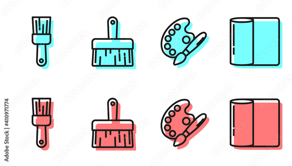 Set line Paint brush with palette, Paint brush, Paint brush and Paper towel roll icon. Vector.