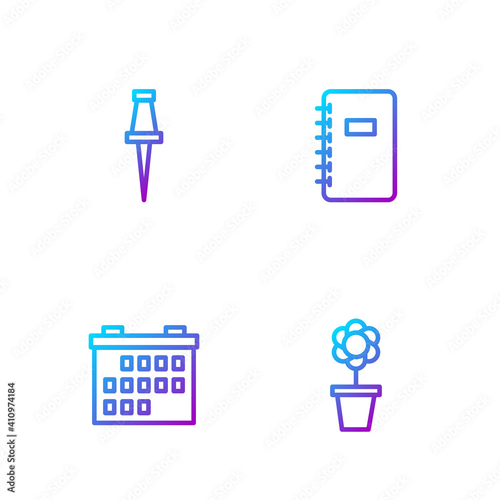 Set line Flower in pot, Calendar, Push pin and Spiral notebook. Gradient color icons. Vector.