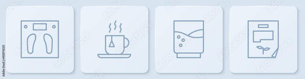 Set line Bathroom scales, Glass with water, Cup of tea tea bag and Leaf document. White square butto