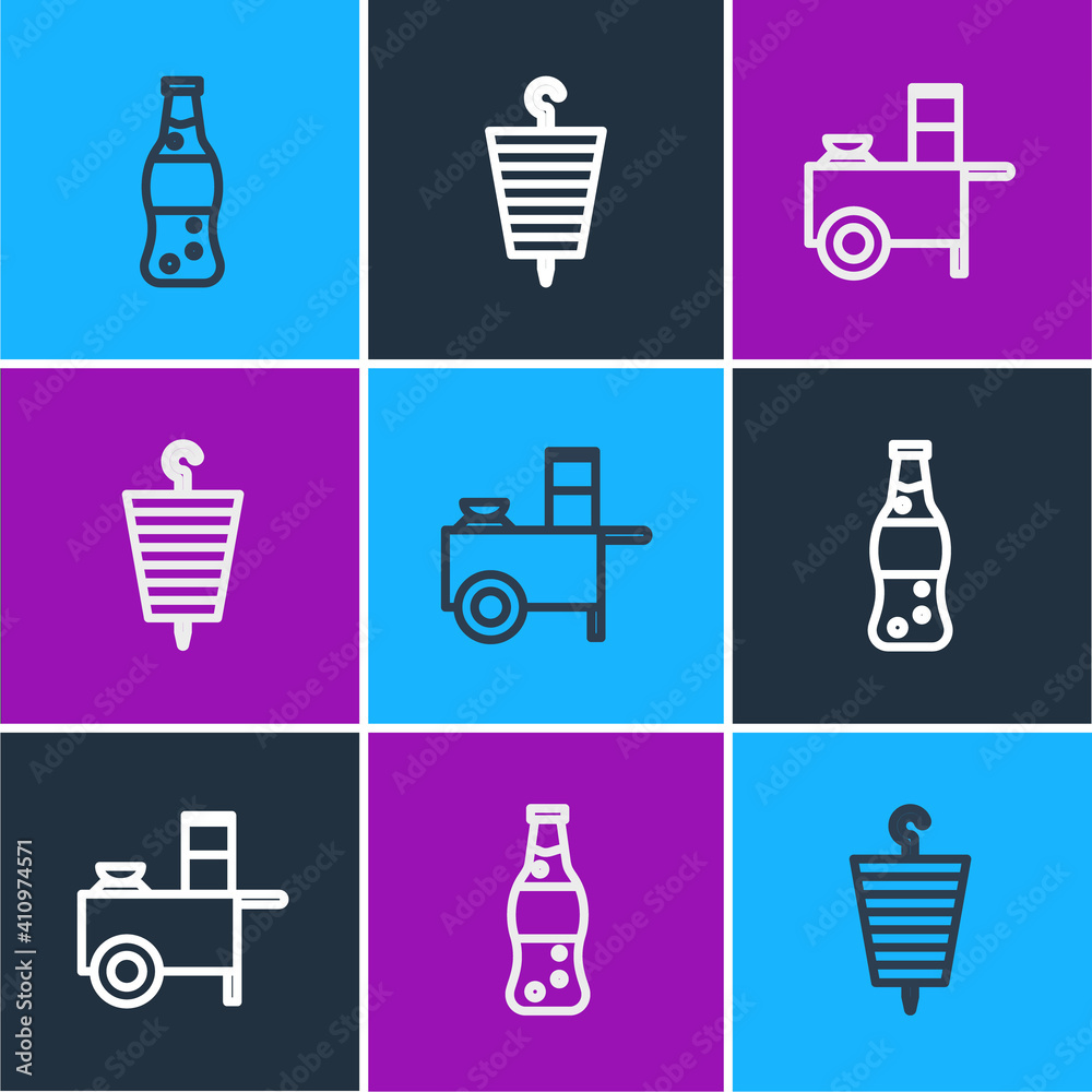 Set line Bottle of water, Fast street food cart and Grilled shish kebab icon. Vector.