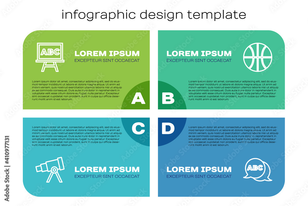设置线望远镜、黑板、字母表和篮球。商业信息图模板。矢量。