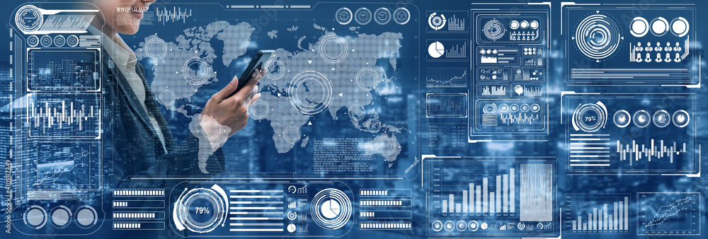 Global finance analysis and big data research concept . Futuristic screen showing large statistic in