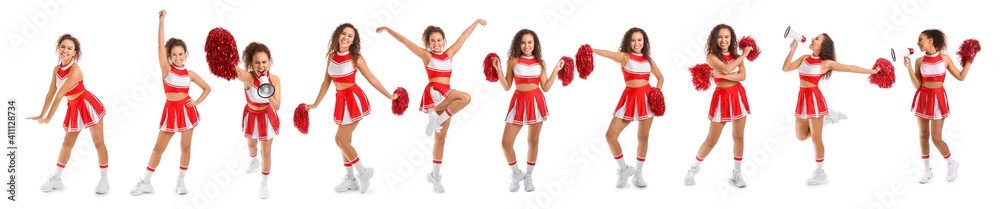 Set of beautiful African-American cheerleader on white background