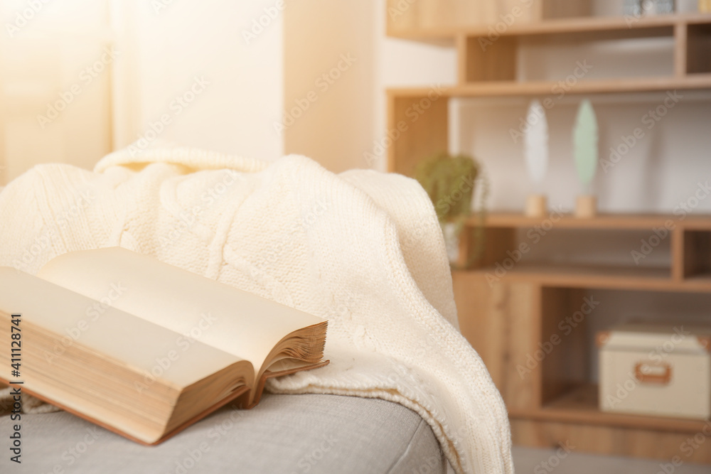 Book and warm plaid on sofa