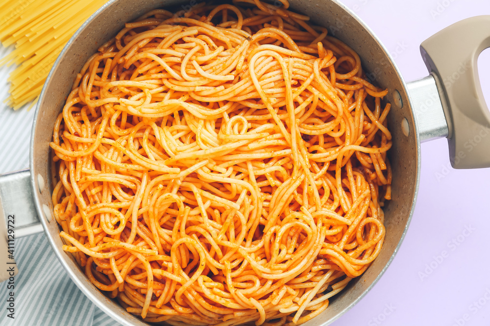 Cooking pot with pasta, closeup