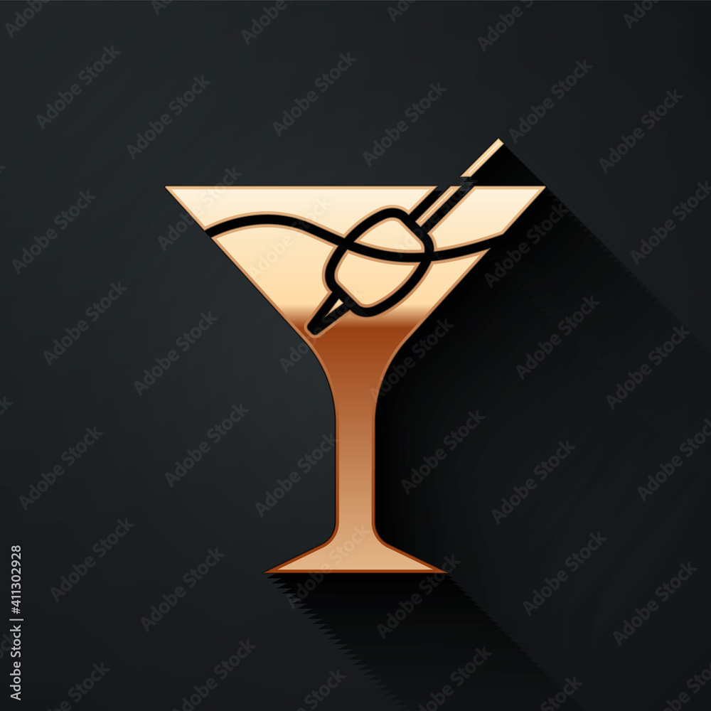 Gold Martini glass icon isolated on black background. Cocktail icon. Wine glass icon. Long shadow st