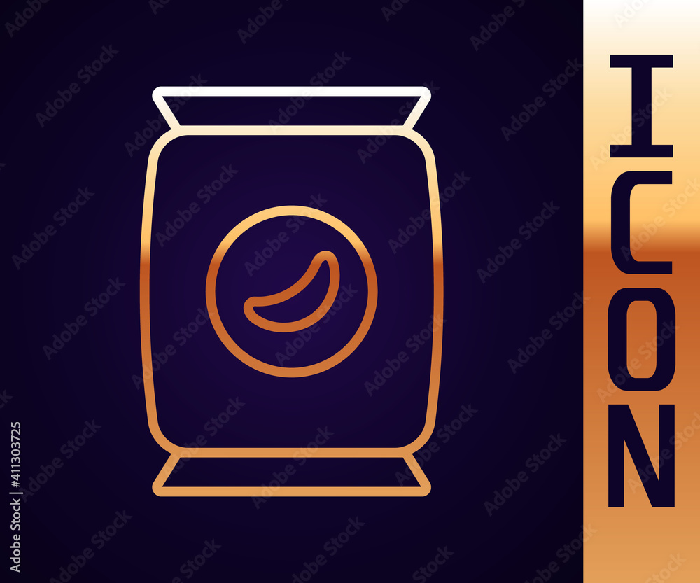 Gold line Bag or packet potato chips icon isolated on black background. Vector Illustration.