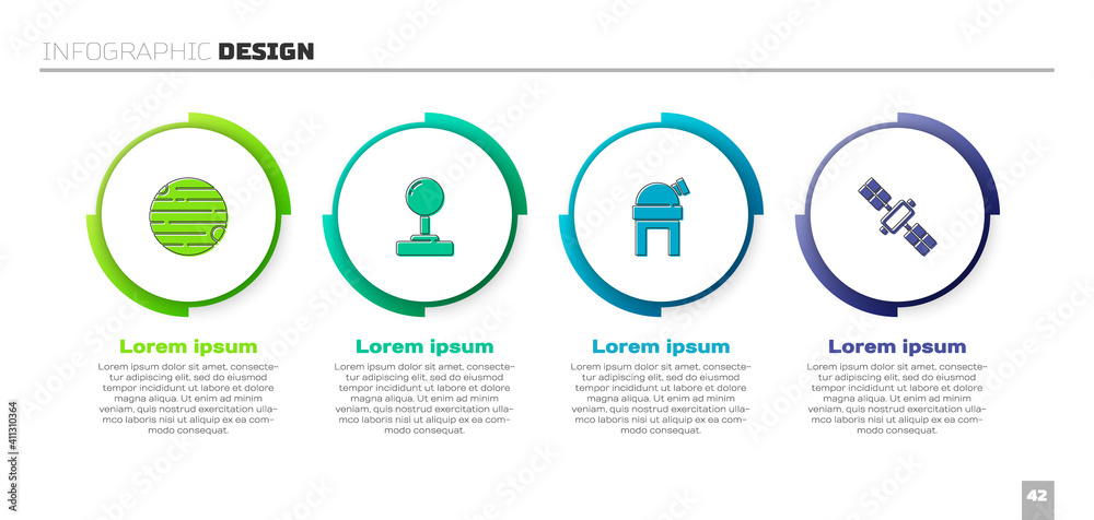 设置行星、操纵杆、天文台和卫星。商业信息图模板。矢量。