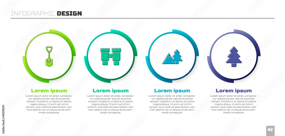 设置铲子、双筒望远镜、带树木和森林的山脉。商业信息图模板。矢量。
