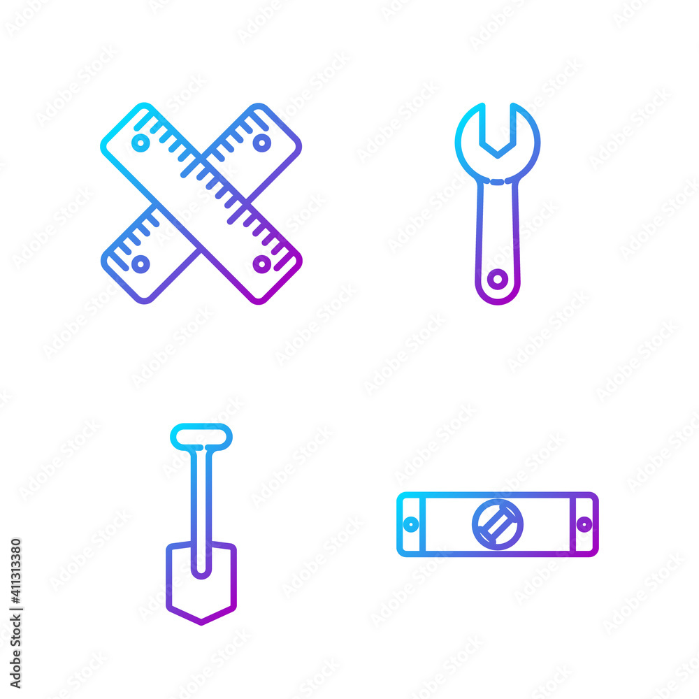 设置线施工气泡液位计、铲子、十字尺和扳手。渐变色图标。