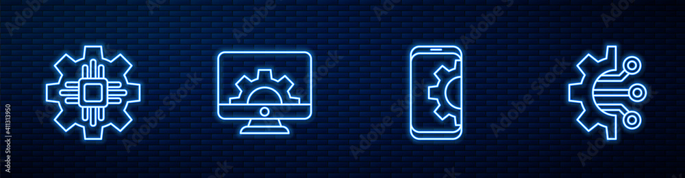 Set line Setting on smartphone, Processor, Computer monitor and gear and Algorithm. Glowing neon ico