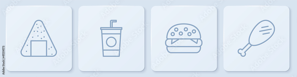 设定线洋葱、汉堡、吸管纸杯和鸡腿。白色方形按钮。矢量。