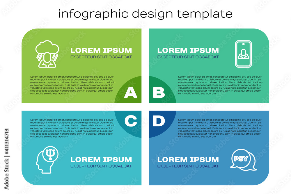 在线设置心理学、心理战、抑郁症和心理学家。商业信息图表模板。矢量