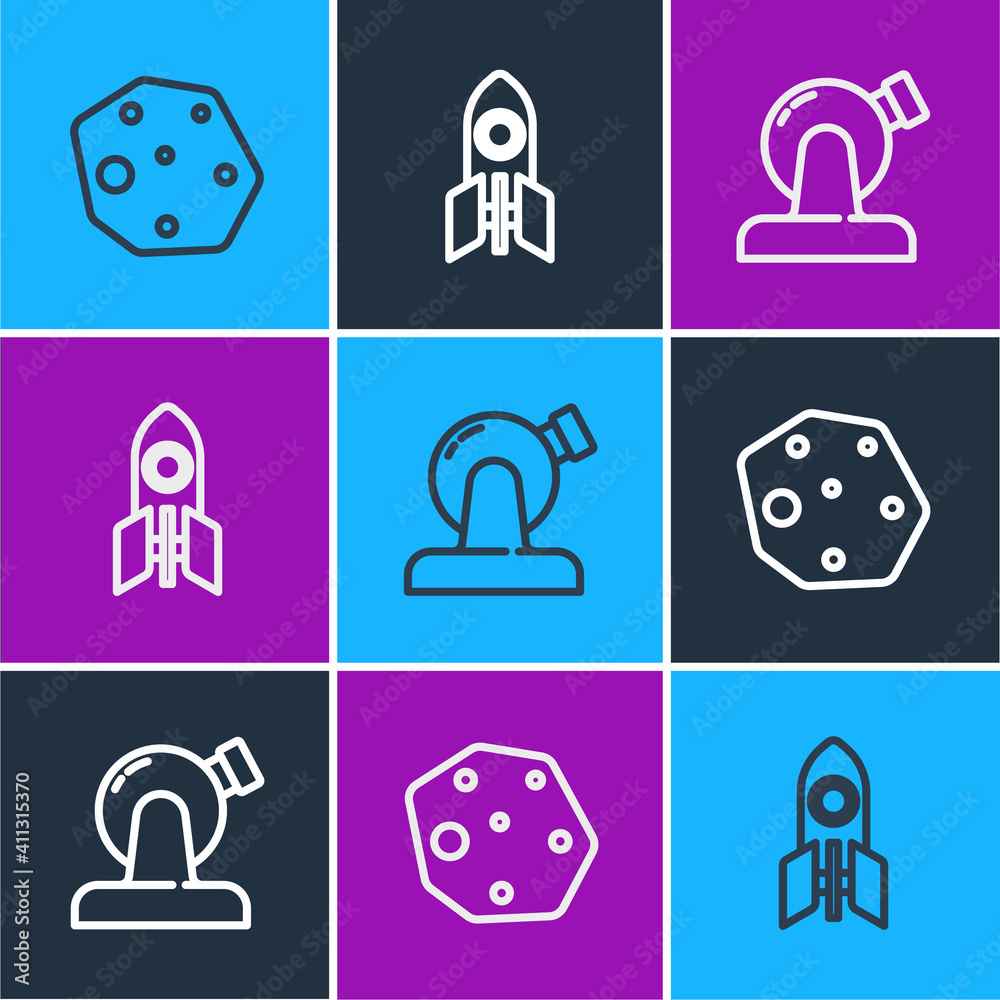 Set line Asteroid, Astronomical observatory and Rocket ship icon. Vector.