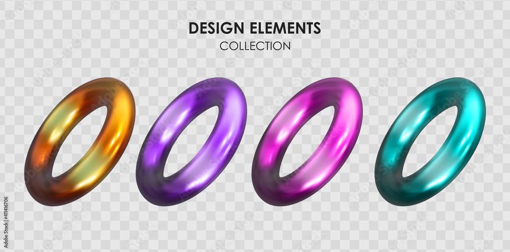 Collection set of realistic 3d render metallic color gradient geometric shapes objects elements for 