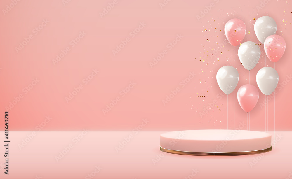 Realistic 3D Rose gold  pedestal over pink pastel natural background with party balloons. Trendy emp